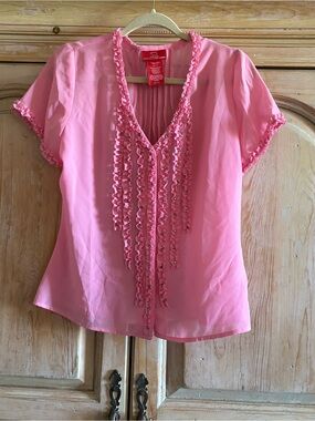 Oscar de la Renta Pink Ruffled V-Neck Blouse